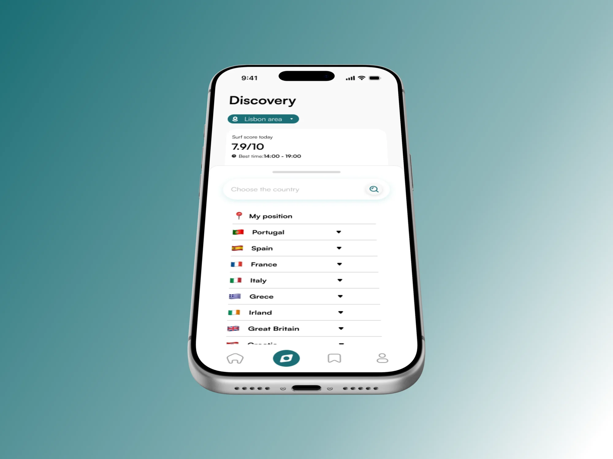 SurfWise discovery interface on a phone