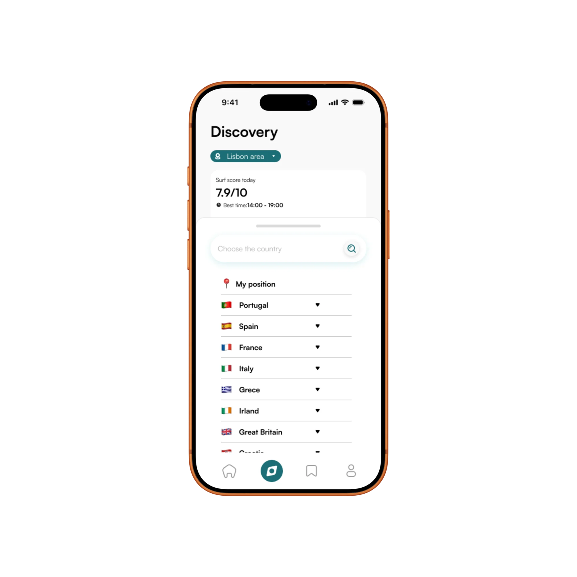 SurfWise choose country screen